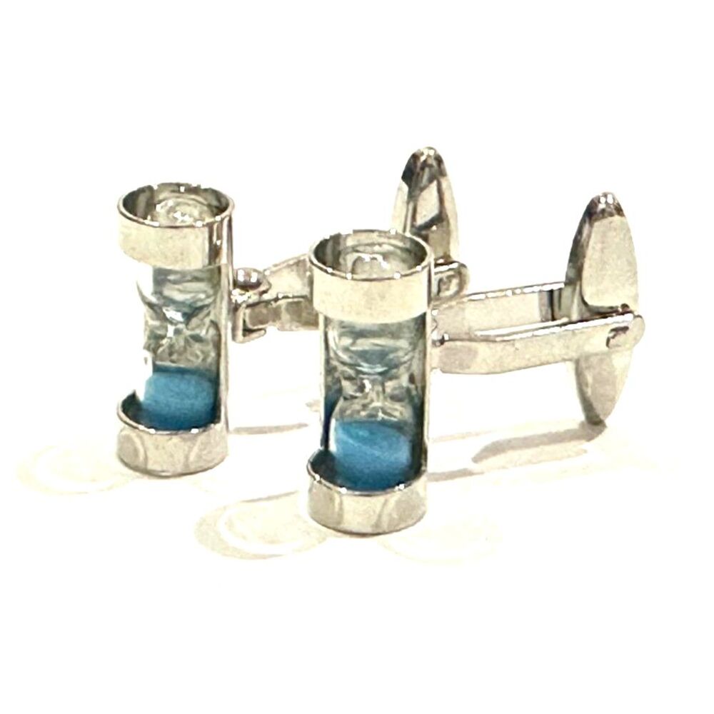 Hourglass Sand Timer Swivel Cufflinks — Silver & Blue Sand  Unique Men's Gift